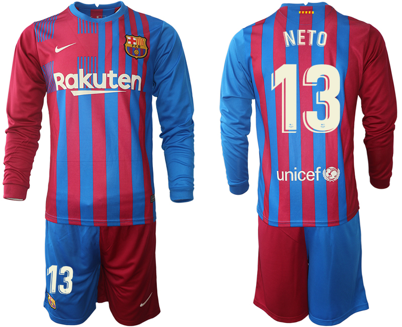 Men 2021-2022 Club Barcelona home red blue Long Sleeve #13 Nike Soccer Jersey